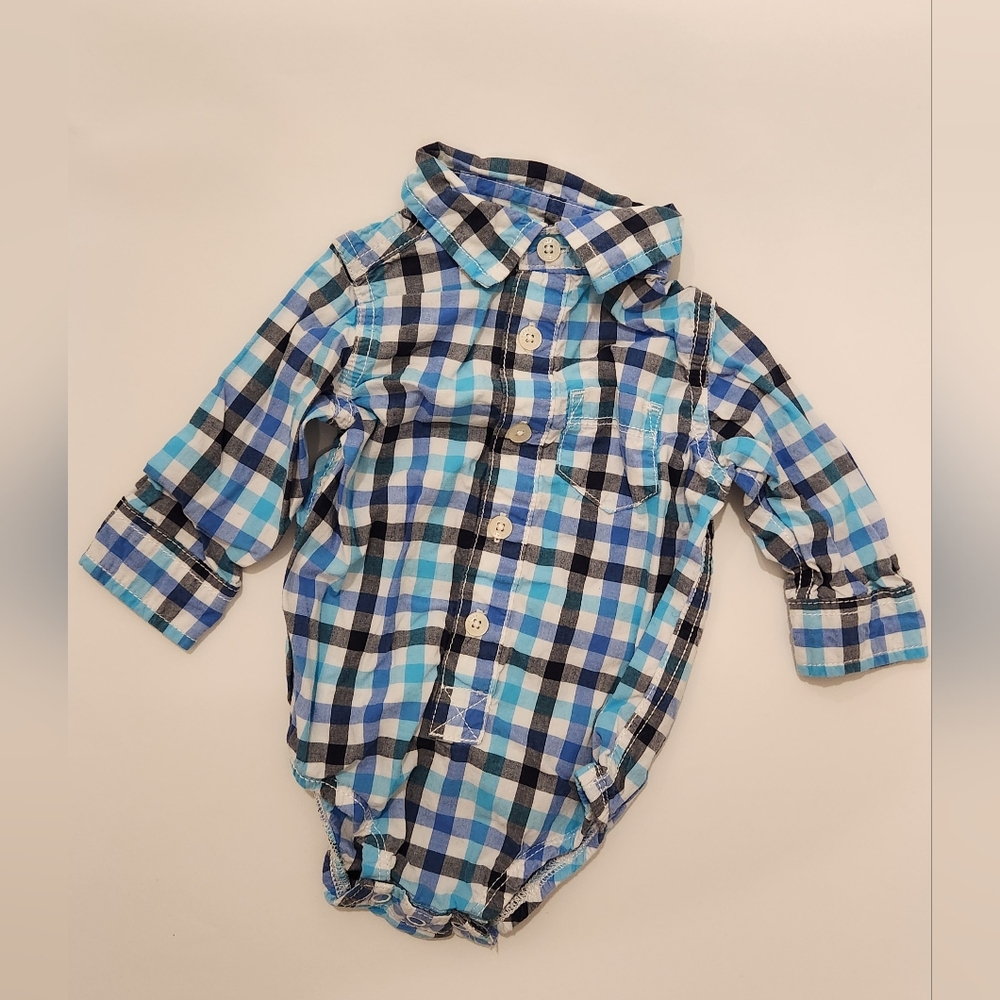 Oshkosh Baby‎ Boy Blue Buffalo Plaid Onesie Buttondown Shirt size 9 months